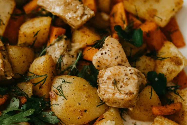 Maple mustard chicken casserole with roasted root vegetables