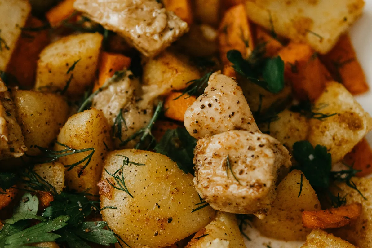 Maple mustard chicken casserole with roasted root vegetables